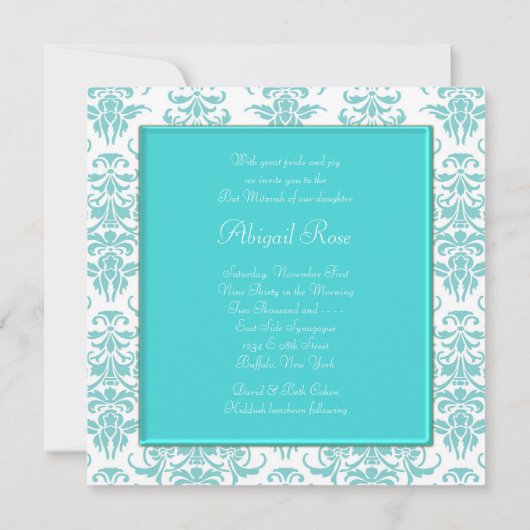 Invitation Bat mitzvah turquoise Blue Damask (Dos)