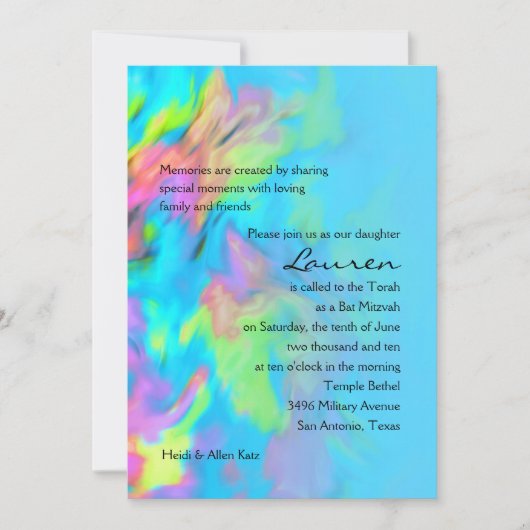 Invitation Bat mitzvah Turquoise Blue Lime Pink Tie Dye (Devant)