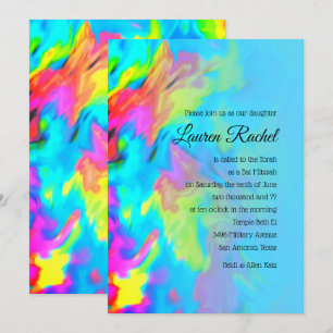Invitation Bat mitzvah Turquoise Blue Lime Pink Tie Dye