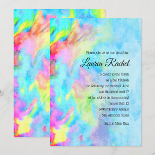 Invitation Bat mitzvah Turquoise Blue Lime Pink Tie Dye