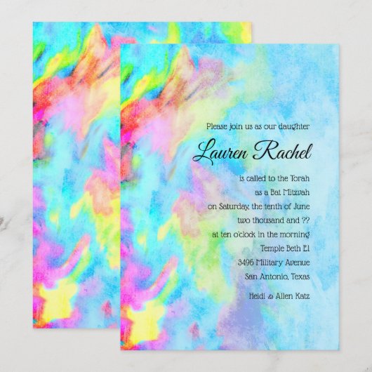 Invitation Bat mitzvah Turquoise Blue Lime Pink Tie Dye (Devant / Derrière)