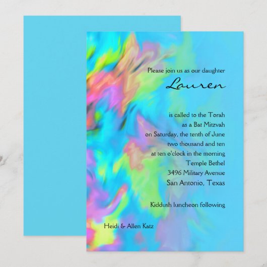 Invitation Bat mitzvah Turquoise Blue Lime Pink Tie Dye (Devant / Derrière)