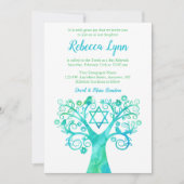 Invitation Bat mitzvah turquoise d'aquarelle verte Arbre de v (Devant)