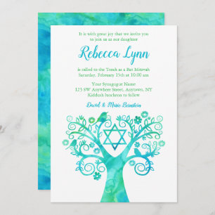 Invitation Bat mitzvah turquoise d'aquarelle verte Arbre de v