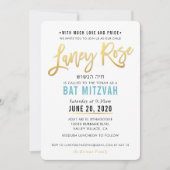 Invitation BAT MITZVAH turquoise en or bleu script LANEY ROSE (Devant)