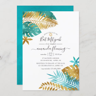 Invitation Bat mitzvah turquoise et Gold Tropical