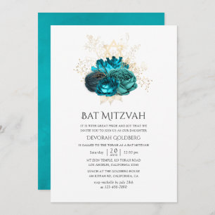 Invitation Bat mitzvah turquoise et or Floral