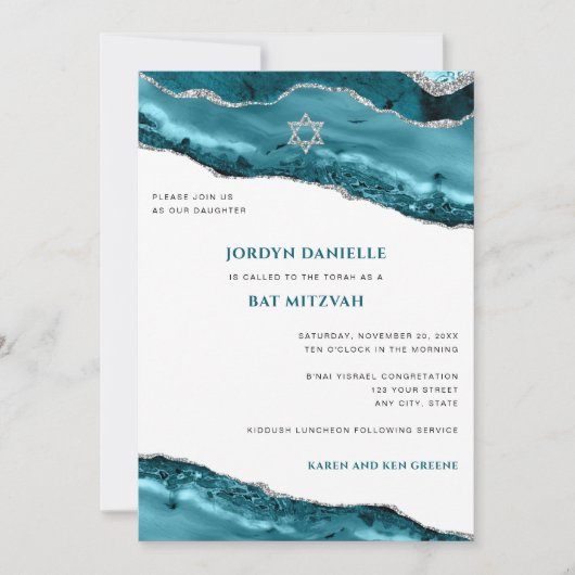Invitation Bat mitzvah Turquoise et Silver Agate moderne (Devant)