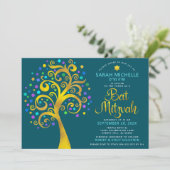Invitation Bat mitzvah Turquoise Gold Foil Script Arbre de vi (Debout devant)