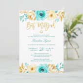 Invitation Bat mitzvah | Turquoise Mint Gold Floral (Debout devant)