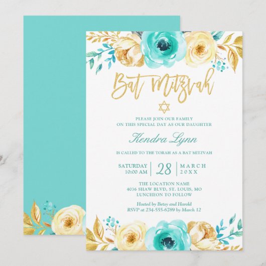 Invitation Bat mitzvah | Turquoise Mint Gold Floral (Devant / Derrière)