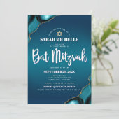 Invitation Bat Mitzvah Turquoise Ombré Agate Écriture Moderne (Debout devant)