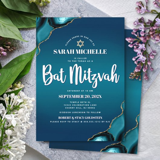 Invitation Bat Mitzvah Turquoise Ombré Agate Écriture Moderne