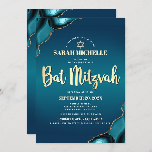 Invitation Bat mitzvah Turquoise Ombre Agate Gold Script chic (Devant / Derrière)