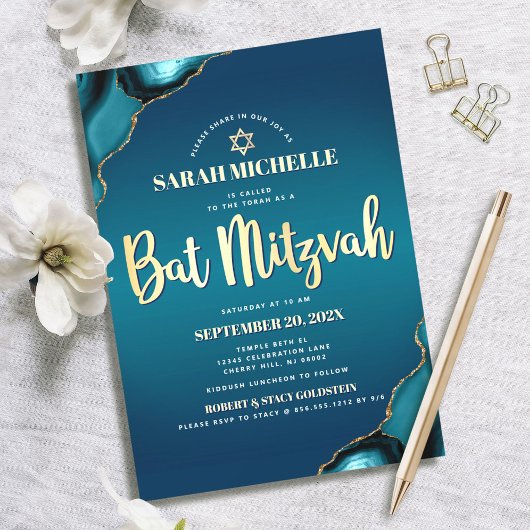 Invitation Bat Mitzvah Turquoise Ombré Agate Or Script Chic