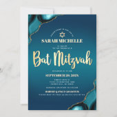 Invitation Bat Mitzvah Turquoise Ombré Agate Or Script Chic (Devant)