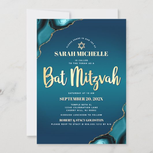 Invitation Bat Mitzvah Turquoise Ombré Agate Or Script Chic (Devant)