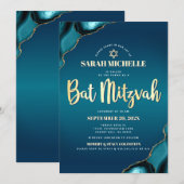 Invitation Bat Mitzvah Turquoise Ombré Agate Or Script Chic (Devant / Derrière)