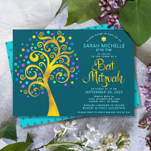 Invitation Bat Mitzvah Turquoise Or Doré Script Arbre de Vie
