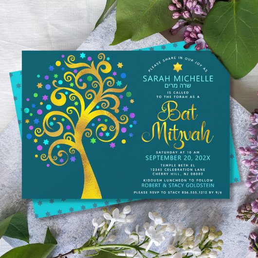 Invitation Bat Mitzvah Turquoise Or Doré Script Arbre de Vie