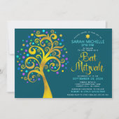 Invitation Bat Mitzvah Turquoise Or Doré Script Arbre de Vie (Devant)