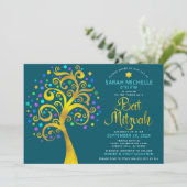 Invitation Bat Mitzvah Turquoise Or Doré Script Arbre de Vie (Debout devant)