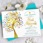 Invitation Bat mitzvah Turquoise Or moderne Arbre de vie<br><div class="desc">Soyez fier, réjouissez-vous et présentez cette étape importante de votre Bat mitzvah préféré ! Ce faux arbre graphique en feuille d'or avec brillant turquoise, turquoise, violet et bleu étoile de David et point "feuilles" sur un arrière - plan blanc est l'invitation parfaite pour cette occasion spéciale. Un tout petit bleu...</div>