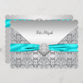 Invitation Bat mitzvah Turquoise turquoise Blue Silver (Devant / Derrière)