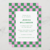 Invitation Bat mitzvah unique Retro Pink Checkerboard (Devant / Derrière)