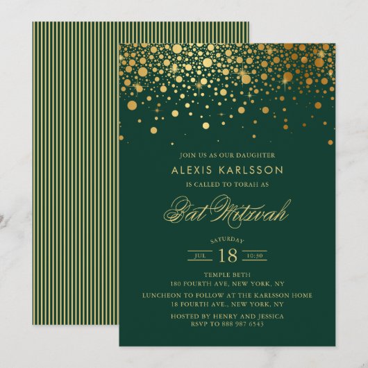 Invitation Bat mitzvah vert Faux Gold Foil Confetti (Devant / Derrière)