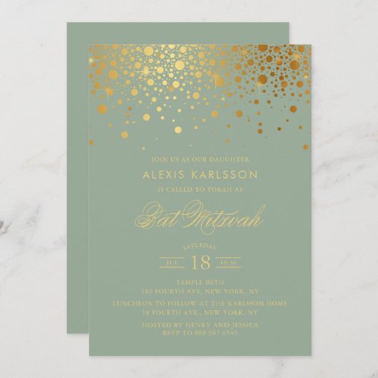 Invitation Bat mitzvah vert Faux Gold Foil Confetti Sage (Devant / Derrière)
