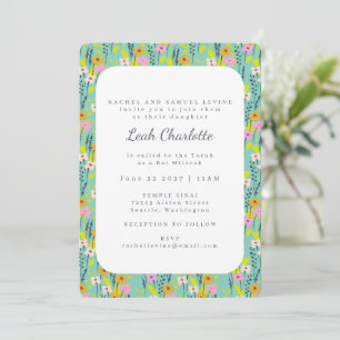 Invitation Bat mitzvah vert Mint vert rose fleurs rose