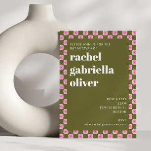 Invitation Bat mitzvah vert rose rétro en carton fleuri