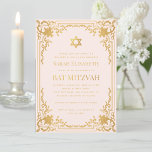 Invitation Bat mitzvah Vintage Rose Faux Gold Star Religieux<br><div class="desc">Cette élégante invitation bat mitzvah rose et or à l'air vintage a un cadre en faux or orné avec d'élégantes décorations baroques dorées sur un arrière - plan rose vif. Au-dessus du texte il y a une étoile de David en fausse feuille d'or. A l'exception de l'occasion "Bat mitzvah", qui...</div>