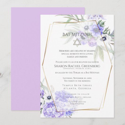 Invitation BAT MITZVAH | Violet Anémone Floral Verse 3 (Devant / Derrière)