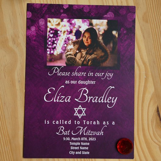 Invitation Bat mitzvah violet chatoyante avec Star