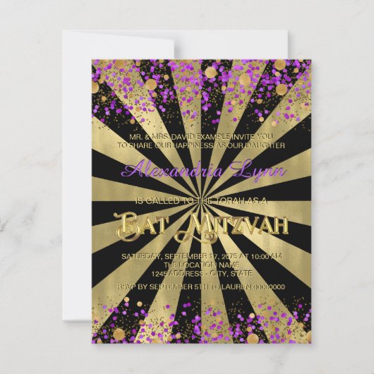 Invitation Bât Mitzvah violet et or en feuille (Devant)