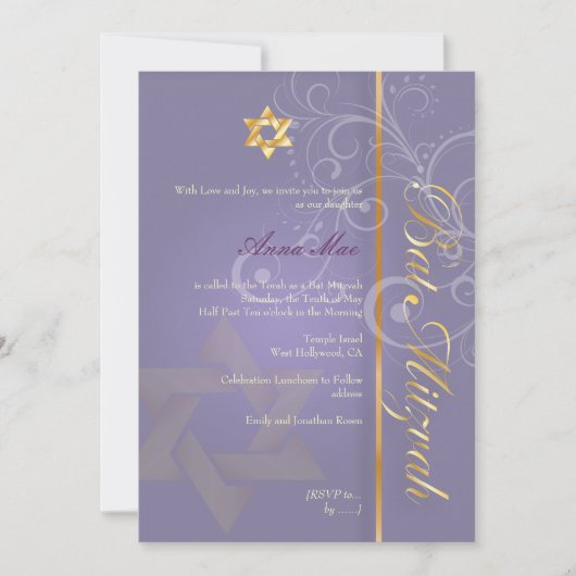 Invitation Bat mitzvah/violet/or (Devant)