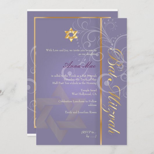 Invitation Bat mitzvah/violet/or (Devant / Derrière)