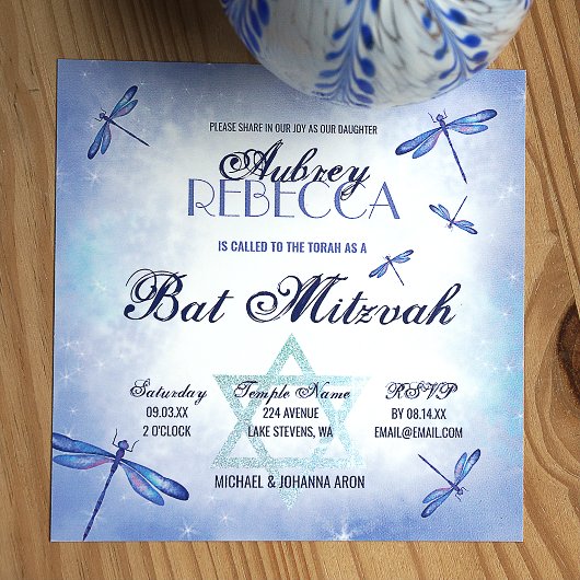 Invitation Bat mitzvah Whimsy Dusty Blue Dragonflies