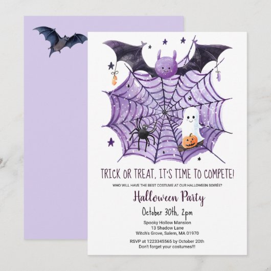 Invitation Bat Spider Web Citrouille de Fantôme Cute fête d'H (Devant / Derrière)