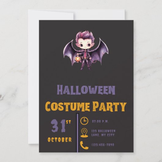 Invitation Bat Vampire Citrouille mignet moderne Black Hallow (Devant)
