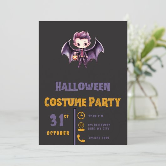 Invitation Bat Vampire Citrouille mignet moderne Black Hallow (Debout devant)