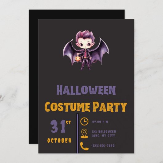 Invitation Bat Vampire Citrouille mignet moderne Black Hallow (Devant / Derrière)