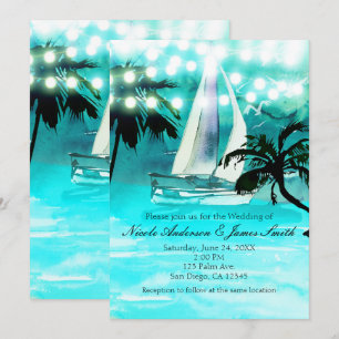 Invitation Bateau à voile à l'aquarelle Palmiers & Guirlandes