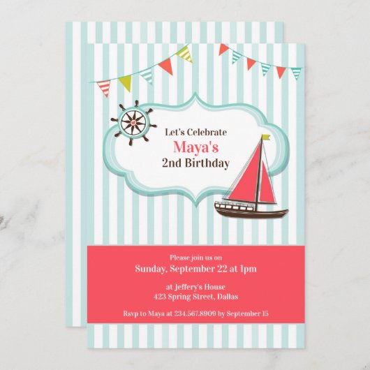Invitation Bateau à voile Anniversaire Fête Appartement Invit (Devant / Derrière)