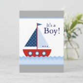 Invitation Bateau à voile blanc et bleu Rouge Baby Boy Douche (Debout devant)