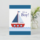 Invitation Bateau à voile blanc et bleu Rouge Baby Boy Douche (Debout devant)