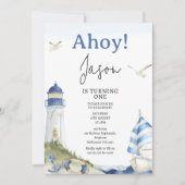 Invitation Bateau à voile bleu blanc Ahoy nautique 1er annive (Devant)