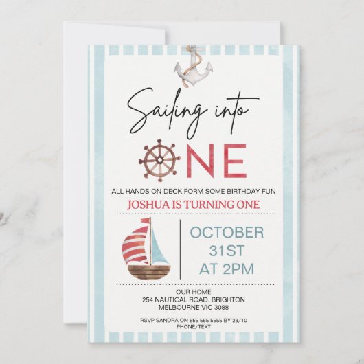 Invitation Bateau à voile bleu clair naviguant dans un 1er an (Devant)